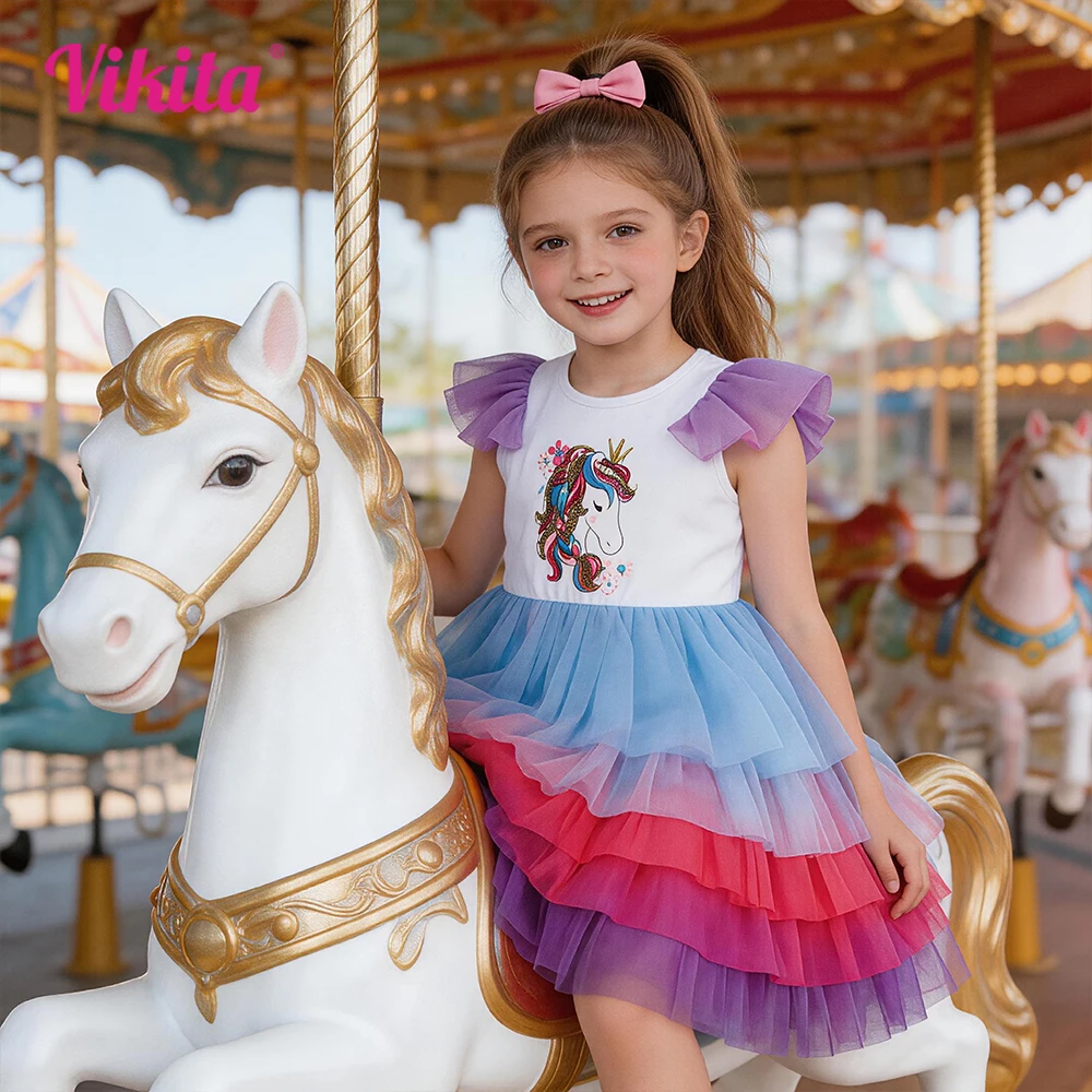 Robe d'été tutu à manches volantées pour filles, avec sequins, couronne et licorne appliquées, à étages, pour fête d'anniversaire, élégante et scintillante