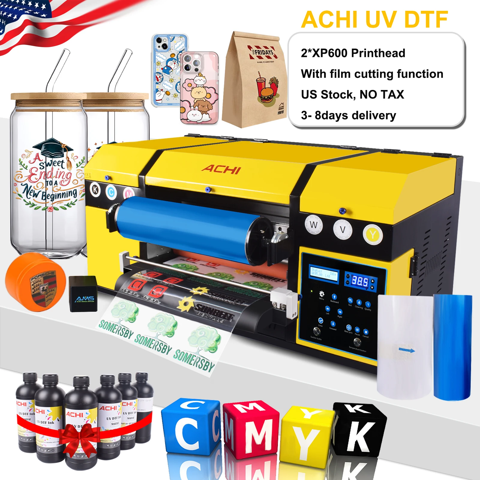 الأسهم الأمريكية ACHI A3 UV DTF طابعة مقاوم للماء الغبار الترقق مزلق 2 في 1 ملصق UV DTF طابعة للخشب والزجاج والنسيج
