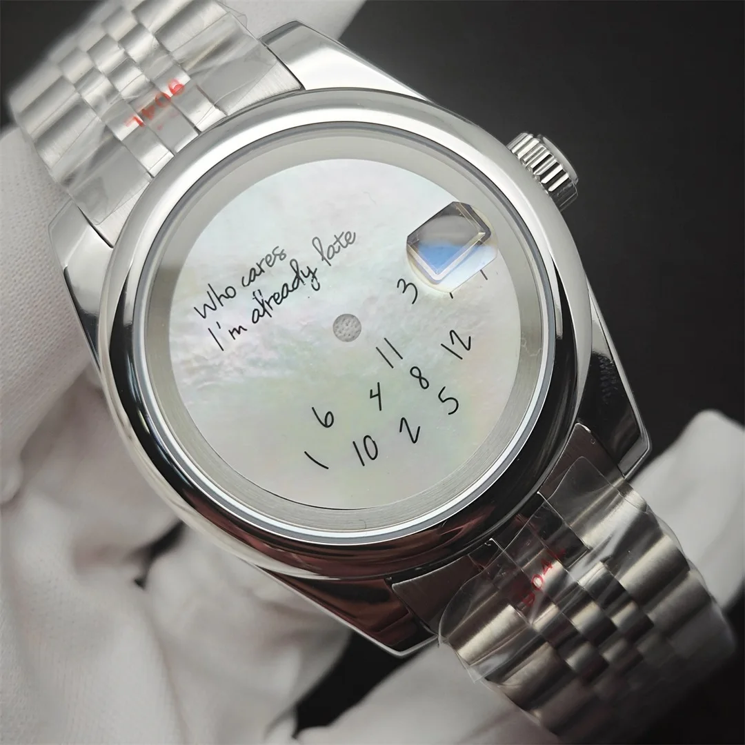 

39mm Steel Watch Case + Strap Set Rounded Edge Case Sapphire Crystal Watch Parts and Who Care Shiny Dial for NH35 NH36 Movement