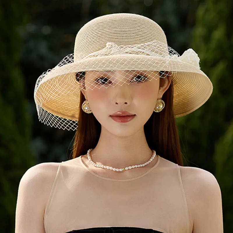 

100% натуральная льняная соломенная шляпа для женщин, модная пляжная шляпа от солнца, уникальная ручная работа, солнцезащитная шляпа-вуаль