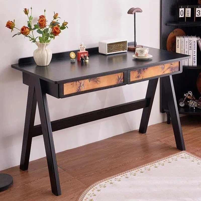 French Retro Solid Wood Desk and Chair Set Medium Antique Style Fragrant Cloud Yarn Finish Bedroom Computer Workstation