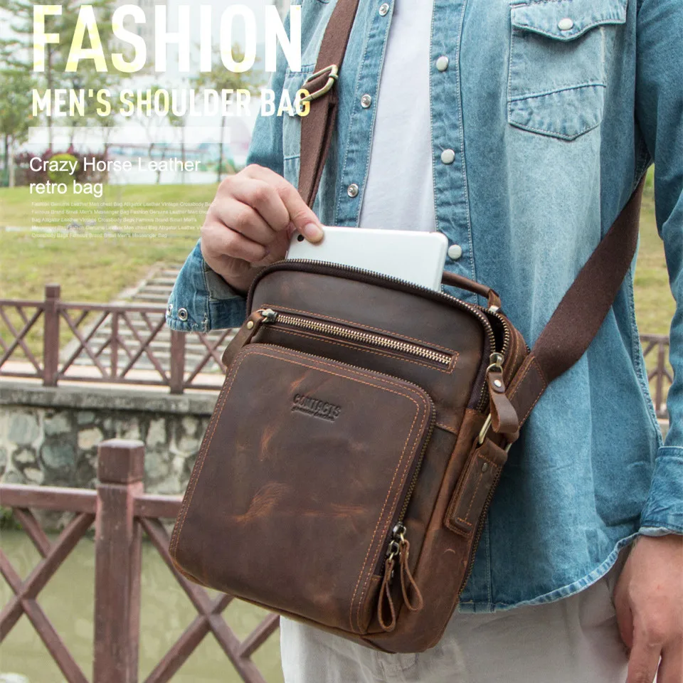 Retro ของแท้หนังผู้ชายกระเป๋าสะพายขนาดเล็ก Messenger กระเป๋า Crossbody Crazy Horse หนังชาย Vintage Soft Men อเนกประสงค์