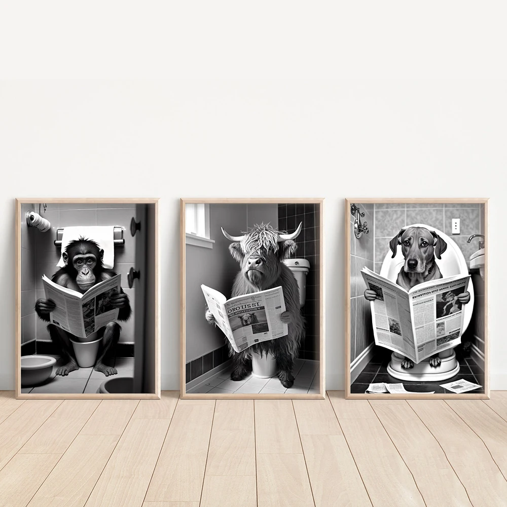 Animals Sitting on the Toilet Reading a Newspaper Prints Funny Bathroom Wall Decor Pictures Monkey Dog Cow WC Wall Poster