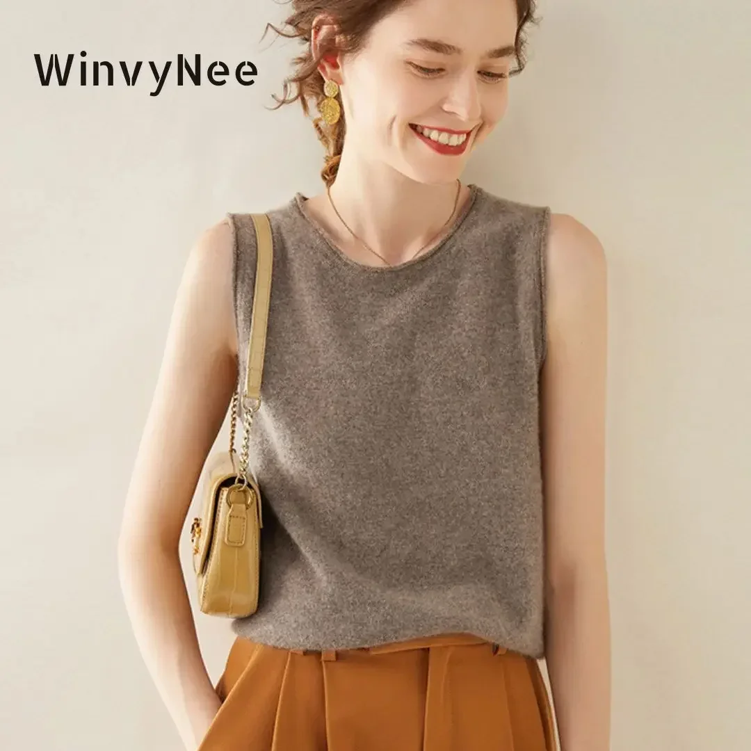 WinvyNee 2024 New Women\'s Vintage Cashmere Wool Sweaters Tank Tops Solid O-Neck Warm Soft Knit Vest for Women Girls C1174010