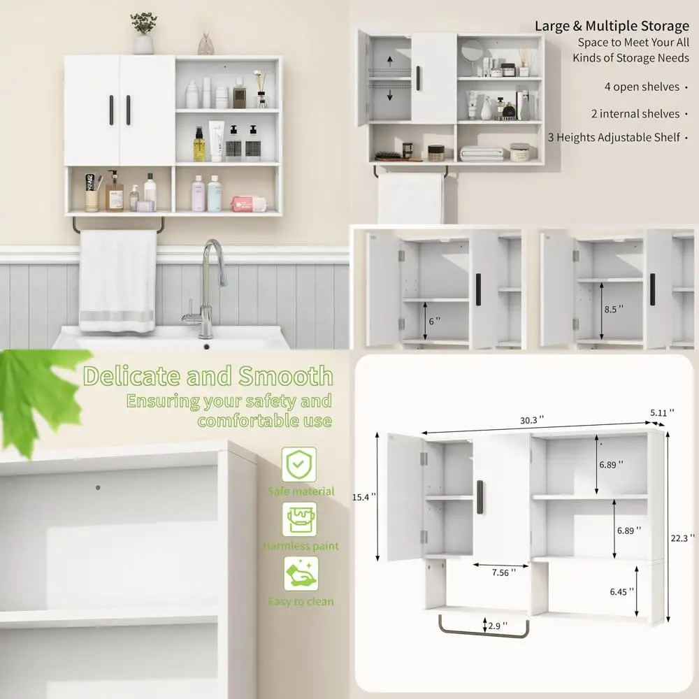 

Белый деревянный шкаф для хранения над унитазом с двумя дверцами, регулируемыми полками и вешалкой для полотенец для ванной комнаты, кухни и стирки.