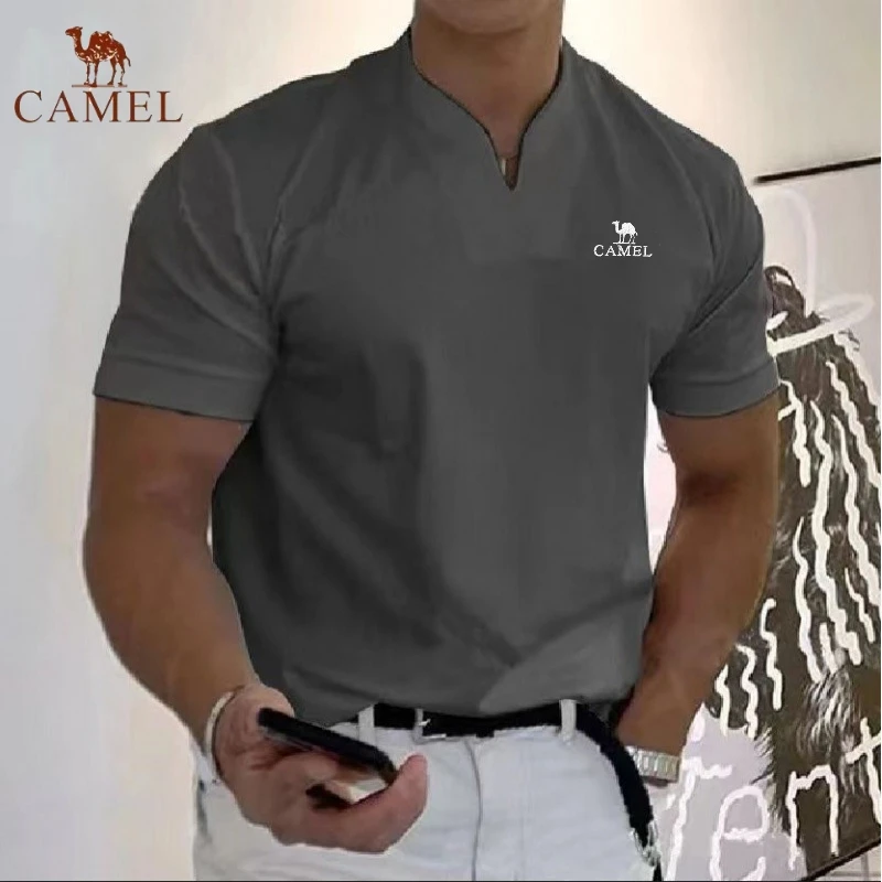 CAMEL-Camisa polo de manga curta bordada masculina, algodão, decote em v, casual, negócio, respirável, moda verão, high end