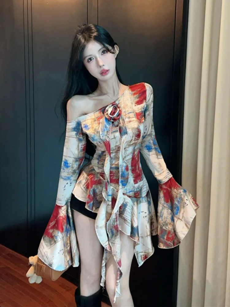 

Retro Long Sleeve T-Shirt Women Early Autumn Pure Desire Spicy Girl One Shoulder Slimming Design Trendy Top Fashionable Stree...
