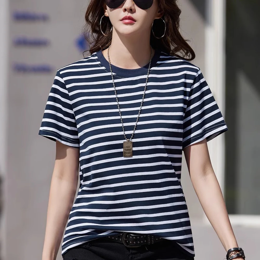 Korean version red striped pure cotton short sleeved T-shirt for women's summer new fashion casual loose V-neck half sleeved top