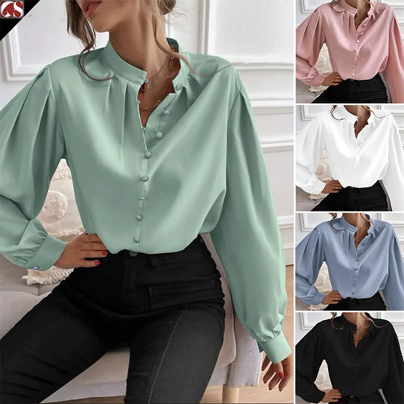 Elegant Temperament Female Clothing Solid Loose Fitting Lantern Long Sleeves Blouse Half Open Collar Pleated Pullover Shirt