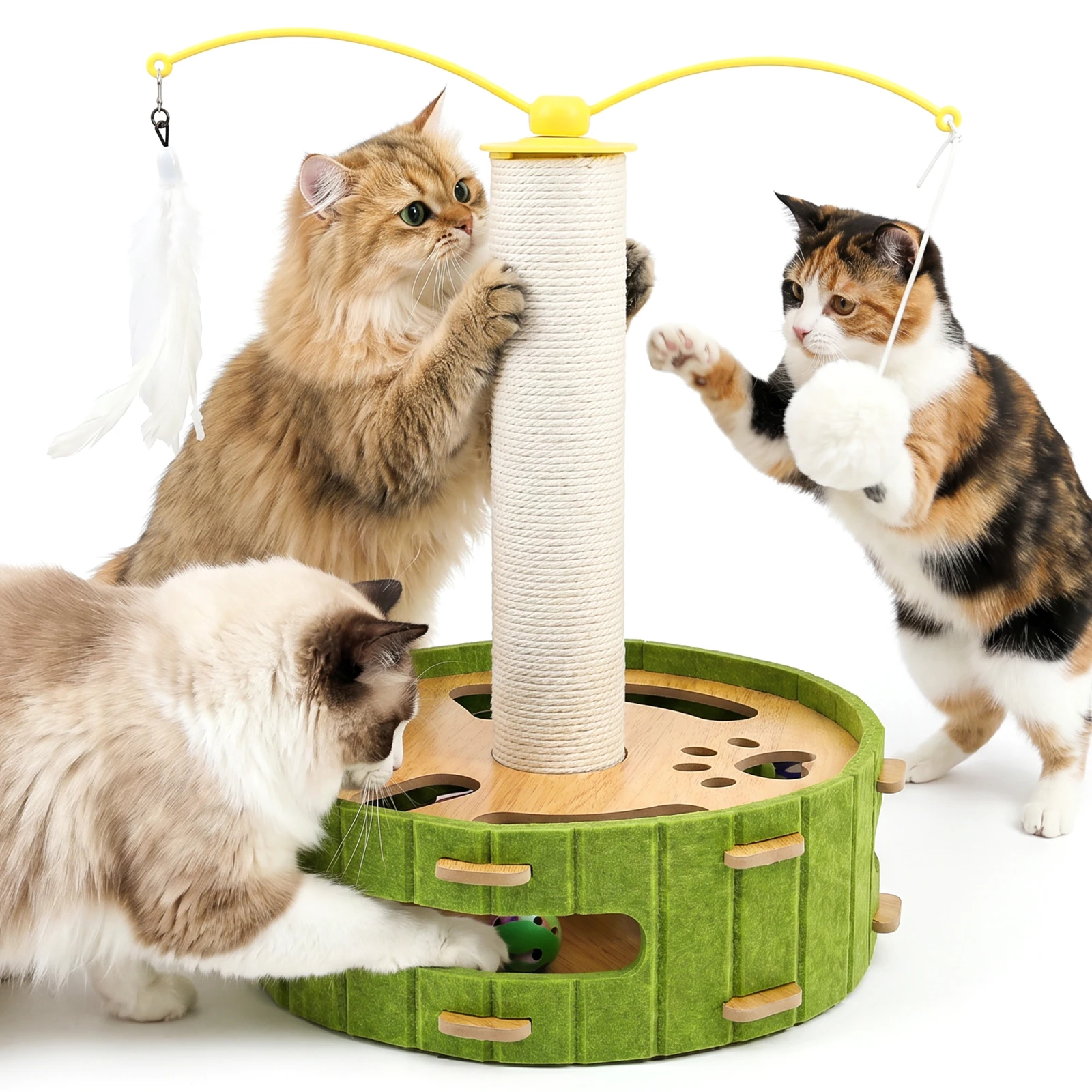 

Wood Cat Scratching post Cat Nail File Enrichment Puzzle Box Feather Teaser Stick with Rotating Bell Interactive Pet Cat Toys