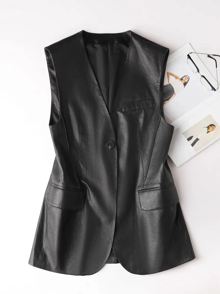 

Women Lambskin Female Genuine Leather Slim Fit Tank Top Streetwear Sleeveless Jacket Long Vest Mujer V Neck