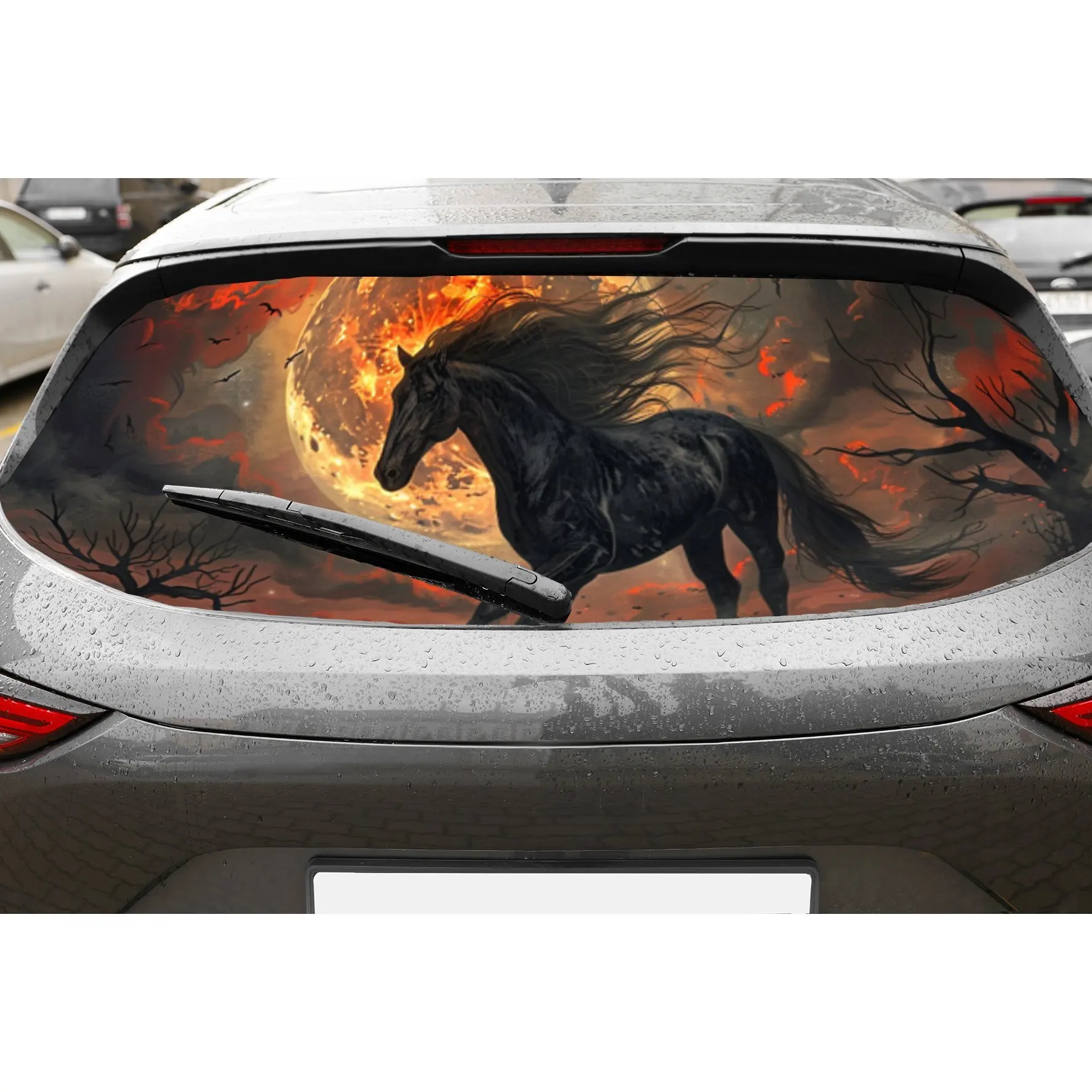 

Nightmare Horse Under Fiery Moon PVC Perforated Car Vinyl Wraps, Privacy Enhancing Design for Rear Window, Car Rear Windshield S