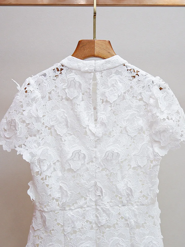 Women White Long Dress Lace Hollow Out O-Neck Short Sleeve Slim Elegant Autumn 2024 Robe