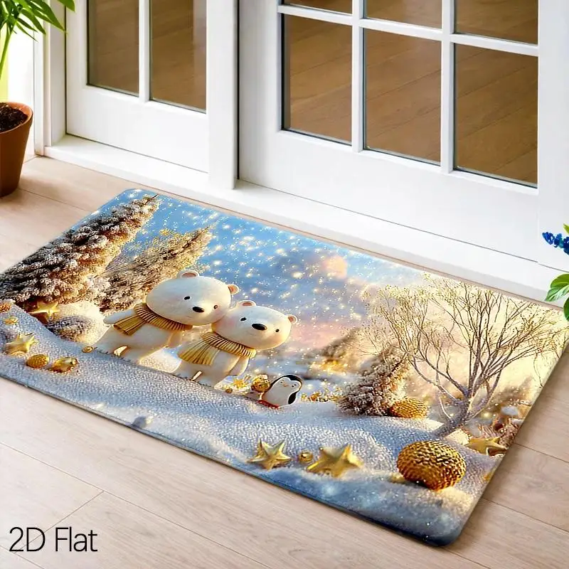Enchanting Polar Bear Penguin Winter Snow Golden Star Print Durable Washable Floor Mat For Cozy Holiday Home Doorway Touch