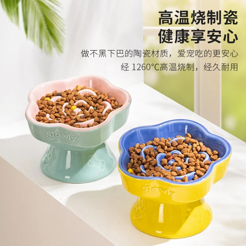 Pet Slow Food Bowl Tall Ceramic Cat Bowl Dog Bowls Small Dog Cat Anti-choking Anti-overturning Neck Protector Oblique Bowls