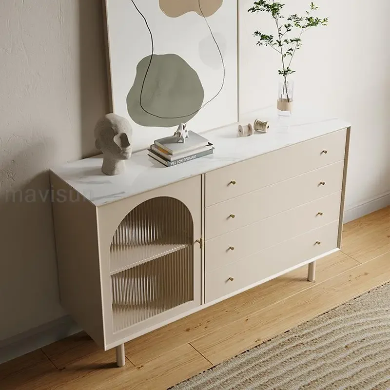 Creamy Style White Sideboard With Rock Slab Top Large Storage Space Home Furniture Modern Cabinet Solid Wood Chests Of Drawers