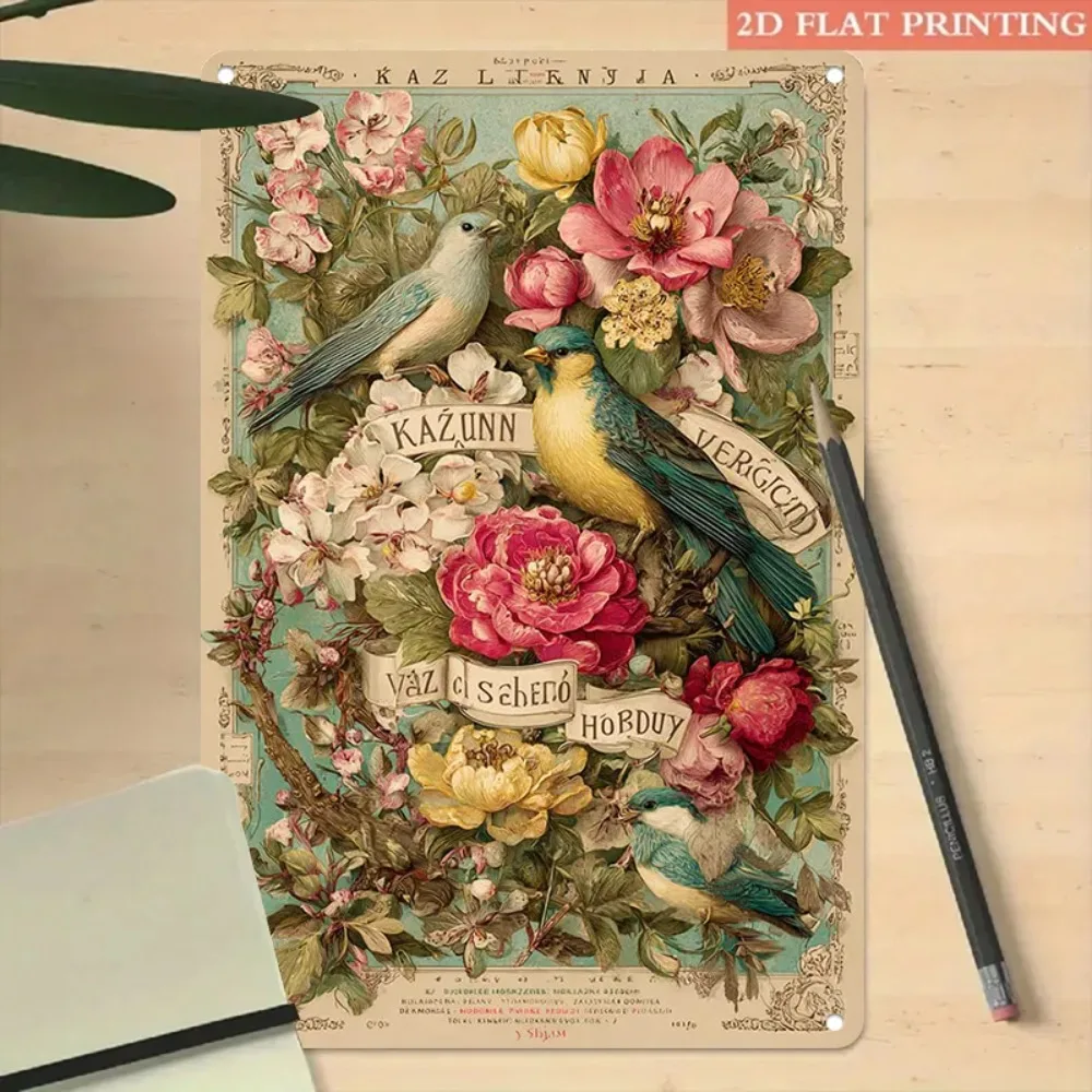 Vintage Floral and Birds Botanical Metal Tin Sign Retro Wall Art Decor Plaque for Home Garden