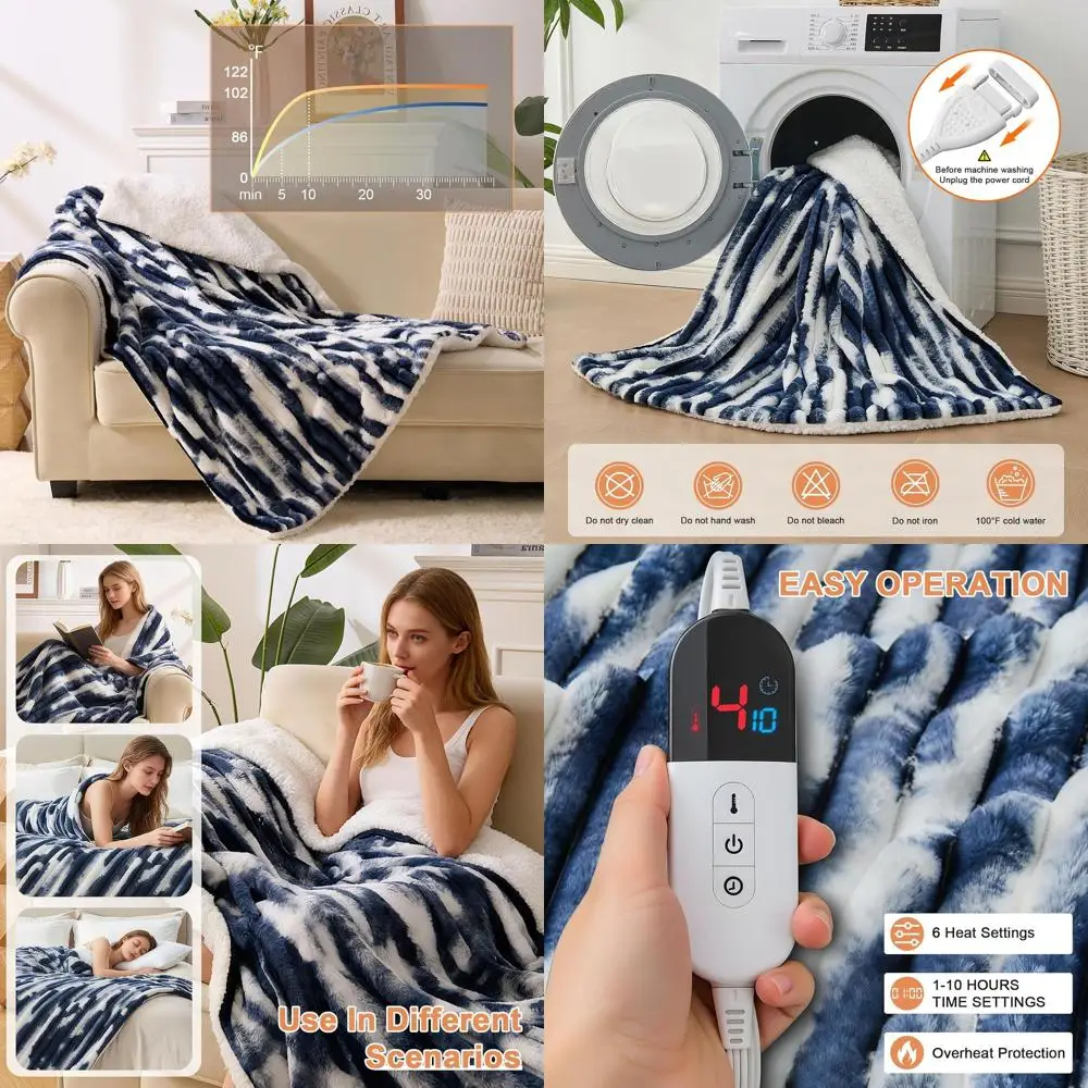 

Queen Size 84x90 Electric Blanket with 6 Heat Settings, 10-Hour Auto-Off, Soft Faux Fur, Overheat Protection, Navy Blue