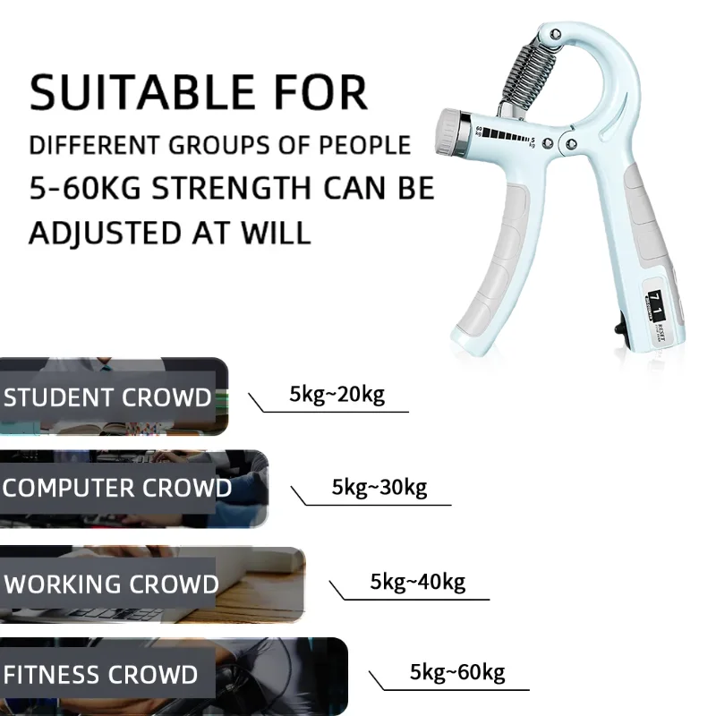 Renforceur de poignée réglable, entraîneur de poignée, compteur de poignet, avant-bras, exercice de main pour la construction musculaire, 5-60kg