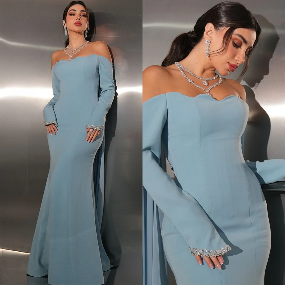 فستان سهرة مخصص عالي الجودة برقبة قارب أنيق من الجيرسيه حورية البحر للحفلات الراقصة كلاسيكي بأكمام طويلة للمناسبات الخاصة #2