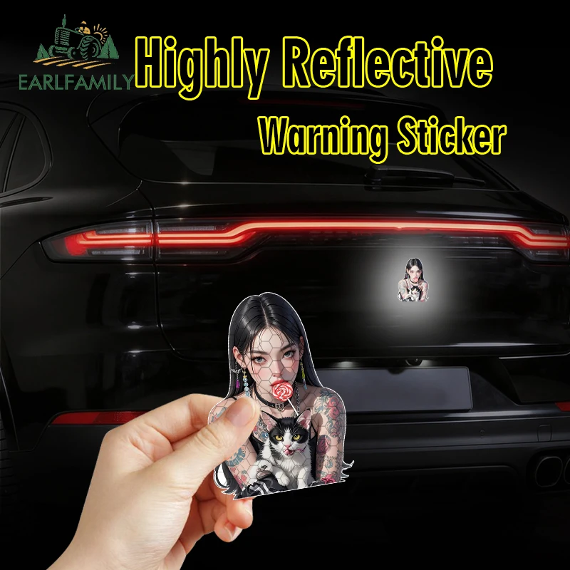 

EARLFAMILY Tattoo Girl with Cat Reflective Car Sticker Seductive Enchanting Waterproof Sunscreen Decal Car Windows Decoration
