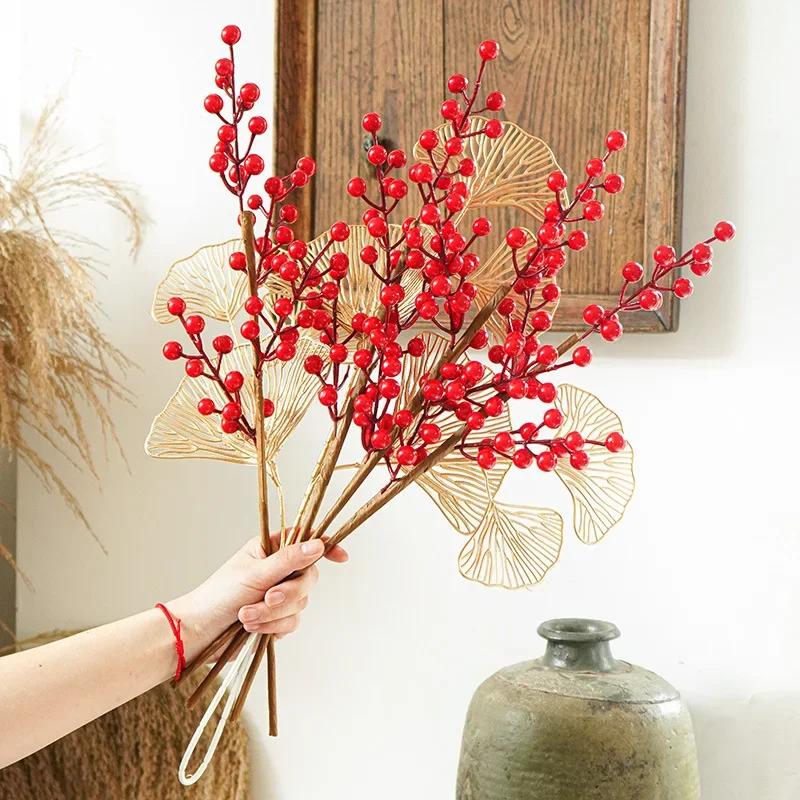 

10PCS Chritsmas Decoration Red Berries Simulation Berry Branches Cherry Stamen For Home Xmas New Year Gift Wedding Flower Wreath