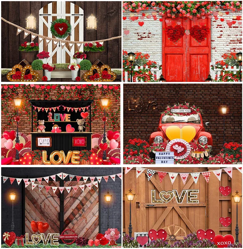 

Valentine's Day Backgrounds Photographic Retro Decoration Wooden Door Floral Rose XOXO Cupid Love Backdrops Photozone Banner