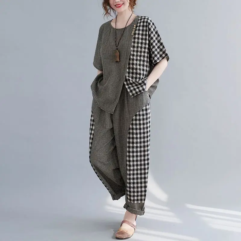 Summer Casual Suits Women Korean Style Loose Large Size Plaid Stitching T Shirt Loose Harem Pants Cotton Linen Two Piece Sets