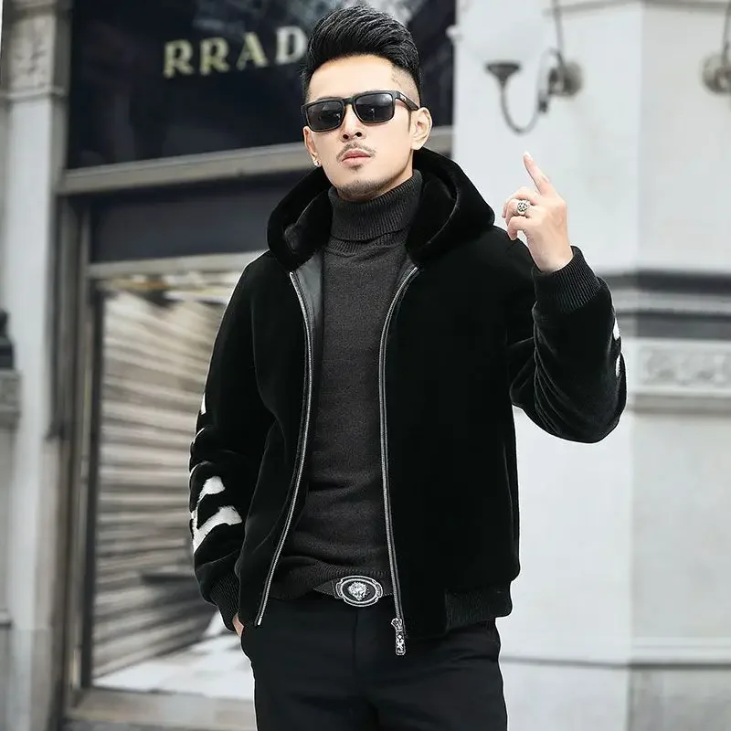 

Men 2023 Autumn Winter Fashion Short Real Fur Outerwear Male Thick Warm Hooded Coats Men's Printed Genuine Fur Outerwear