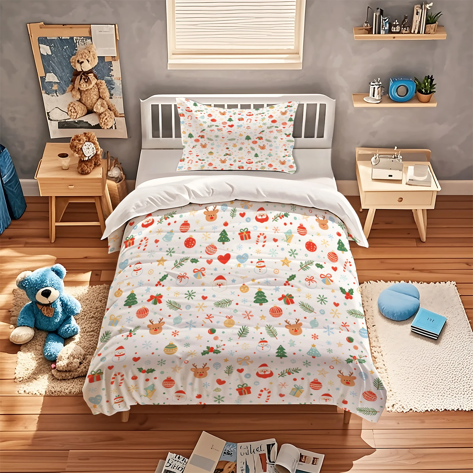 White Christmas Festive Bedding Set Santa Reindeer Snowman Xmas Tree Pattern Duvet Cover Set Soft Microfiber Holiday Quilt Cover