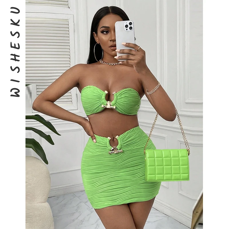 Two Piece Skirts Set Women Strapless Corset Crop Top Bodycon Mini Skirt 2023 Spring Fall Casual Dresses Suits