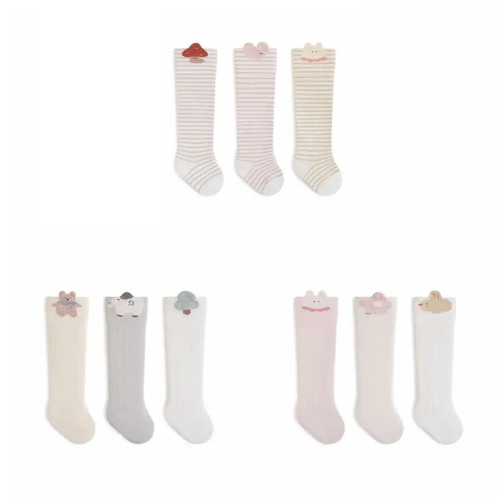 3Pairs Cute Long Tube Calf Socks Baby Stripe Cute Animals Infant Cotton Stockings Toddle Cotton Cartoon Above Knee Socks Kids