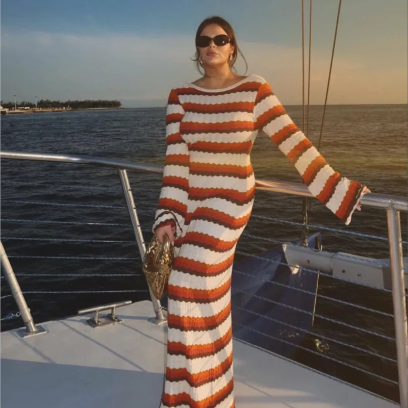 Striped Knitted Long Dress For Women O-neck Backless Hollow Long-sleeved Women\'s Slim Dress 2024 Spring And Summer Vacation Robe