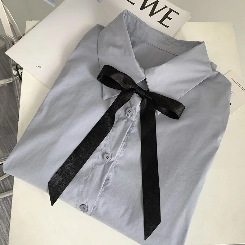 

Sweet British Style Blue Shirt for Women Button Design Spring Autumn Korean Style Straight Cut Long Sleeve Collar Pure C...