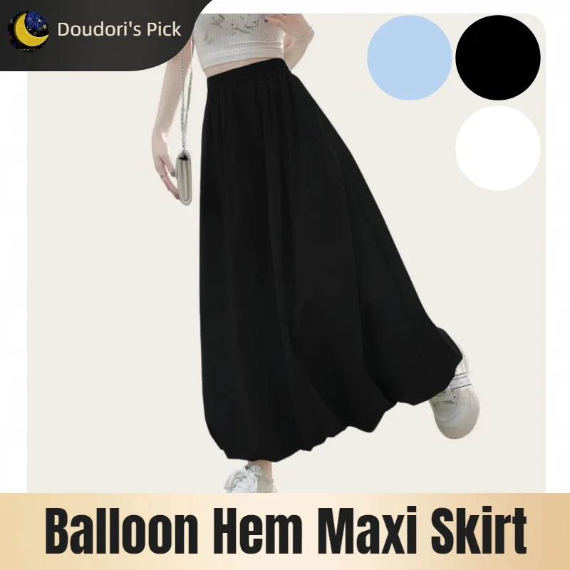 Korean Minimalist Casual Style Women's White, Black, Light Blue Elastic Drawstring Waist A-Line Puffy Hem Ankle-Length Extra-Long Skirt