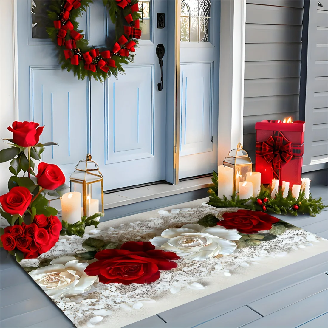 Elegant Printed Floral Doormat Red White Rose Design for Front Door Entrance Mat Washable Welcome Rug Home Porch Decor