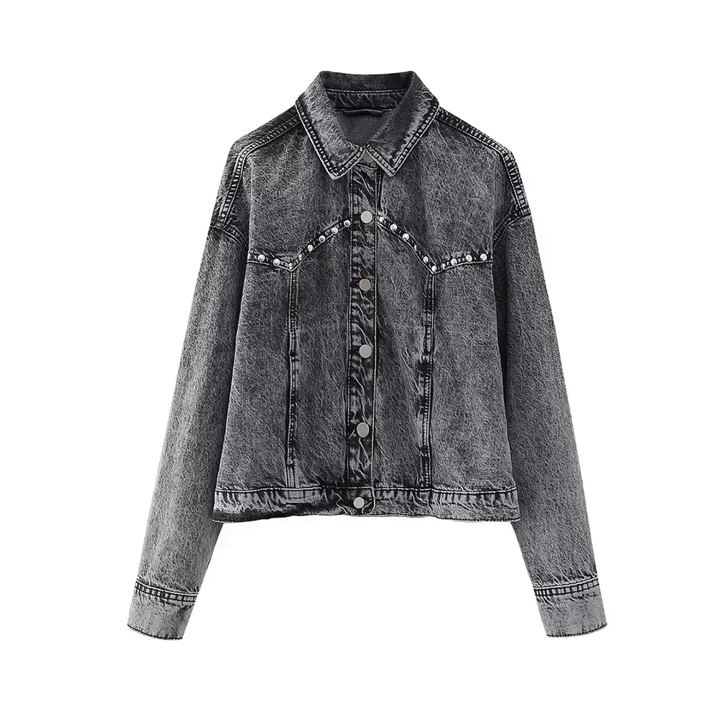 TRAF Women Fashion Studded Denim Jacket Coat Vintage Long Sleeve Front Button Female Outerwear Chic Casual Tops