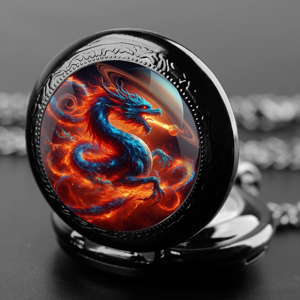 Fire Dragon Glass Dome Quartz Pocket Watch With Durable Chain Arabic Numeral Dial Extraordinary Gifts for Men Kids