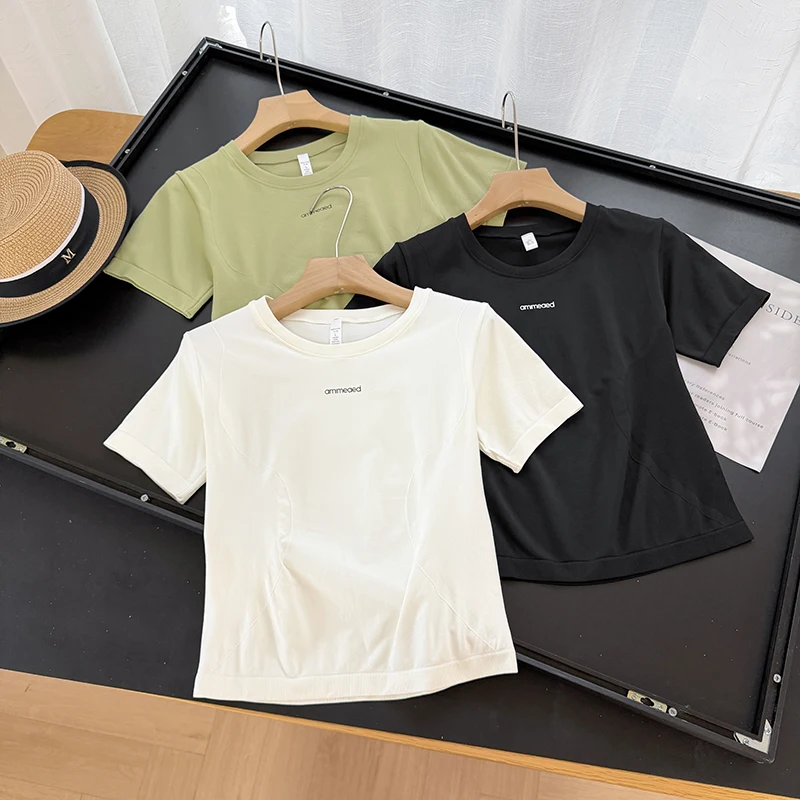 Lu Style Summer New Breathable Quick Dry Slim Fit Yoga Sport Women's Short Sleeve T-Shirt round Neck Short Length Top
