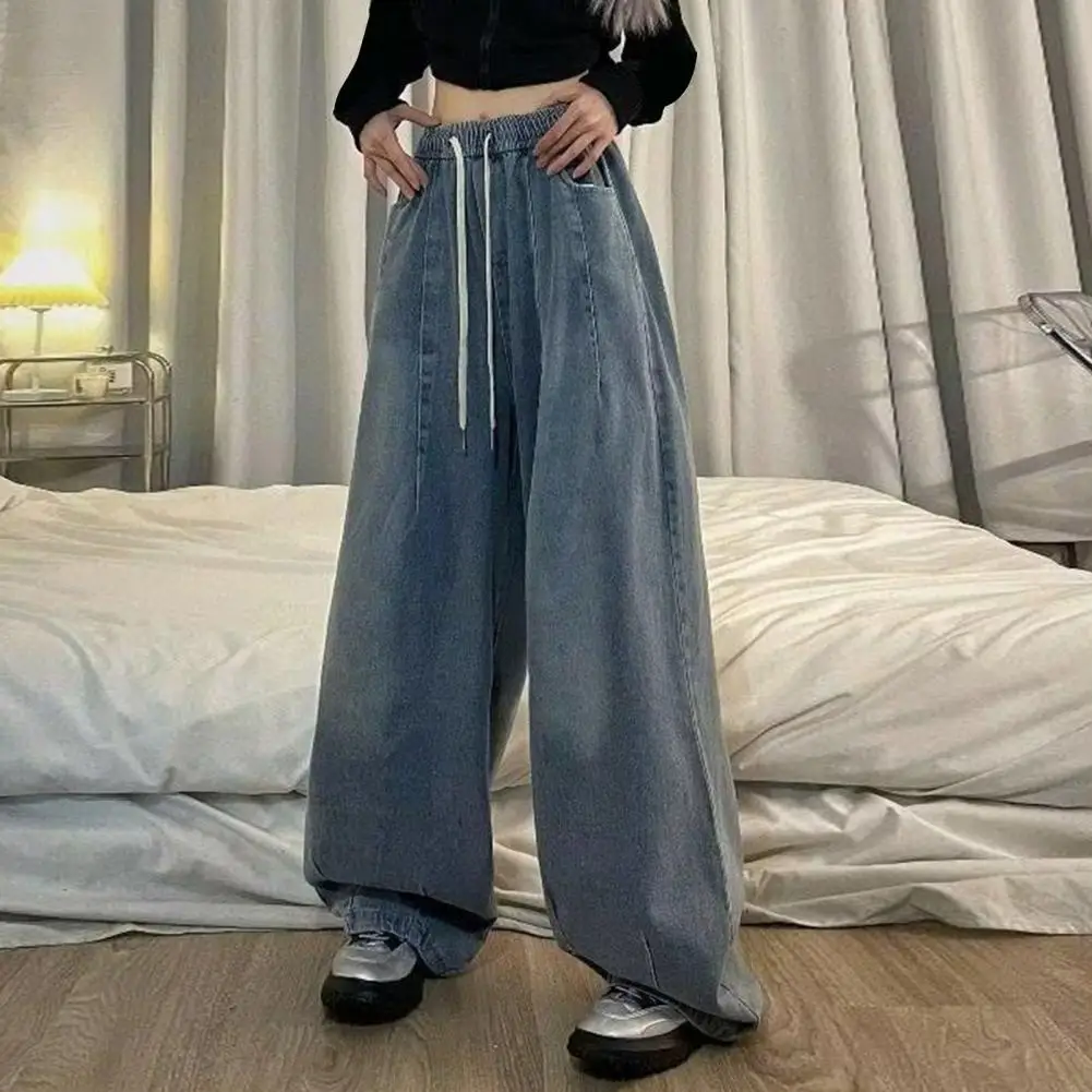 Retro Jeans Vintage Wide Leg Denim Jeans with Elastic Waist Deep Crotch Pockets Women's Streetwear Fashion for Hip Hop Style