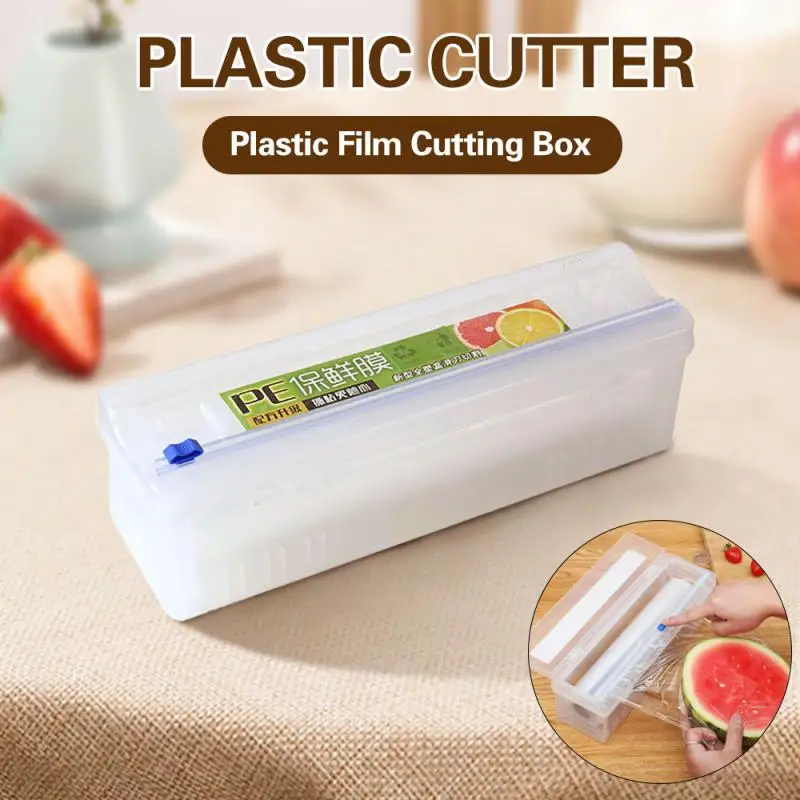 Plastic Wrap Dispenser With Slide Cutter Adjustable Cling Film Cutter Preservation Foil Storage Box Kitchen Home Organization