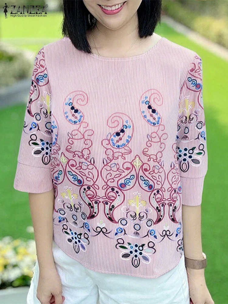 

ZANZEA Floral Printed Blouses Women Summer Tops Vintage 3/4 Sleeve Blusas 2025 Oversized Loose Pullover O Neck Casual Tunic