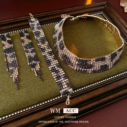Women's Fashion Jewelry Set with Leopard Print and Inlaid Rhinestone Long Tassel Earrings and Statement Necklace and Bracelet