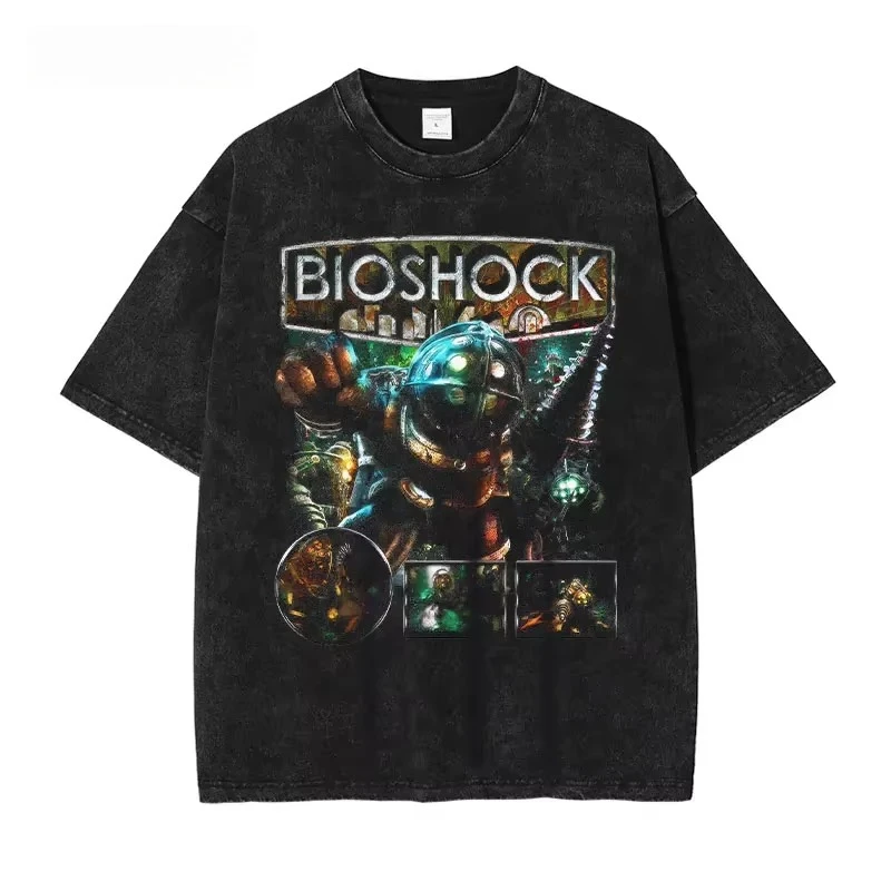 BioShock T Shirt Pc Game Vintage Washed Top Tees Hip Hop Harajuku DTG Printing Short Sleeve Oversized Casual T-shirt 100% Cotton