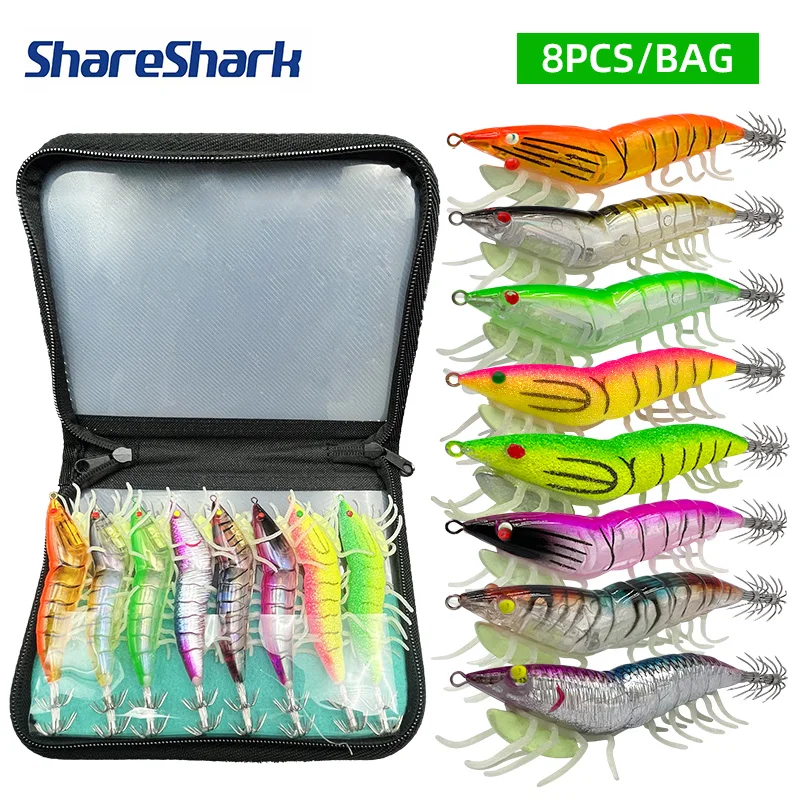 

Набор рыболовных приманок ShareShark 8 шт.: светящиеся в темноте мягкие приманки-креветки, жесткие рыболовные приманки, крючки для кальмаров, деревянные приманки-креветки.
