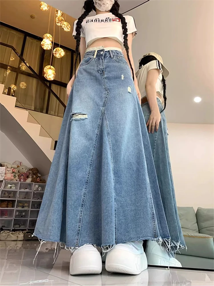 

Women's Large Vintage Ripped Long Denim Skirt Cool Girl Vintage Fashion Summer Female Street Style A-line Ankle-length Skirts