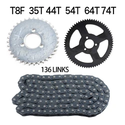 47cc 49cc T8F 35 44 54 64 74 Teeth Sprocket and Chain 136 Links  For Mini Moto Atv Quad 2 Stroke Engine Parts