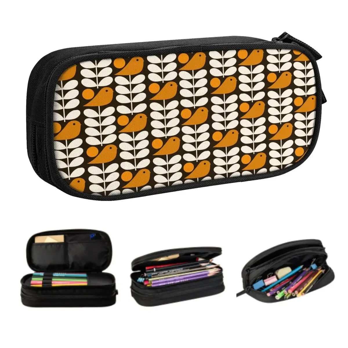 Multistem Birds Black White Orange Kawaii Pencil Cases Girl Boy Large Capacity Orla Kiely Scandi Pencil Pouch School Supplies