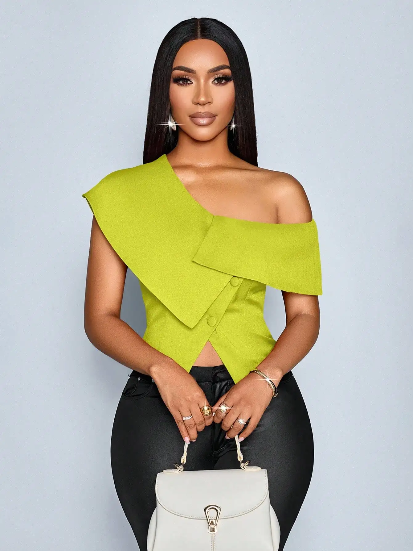 

Women's Spring Summer Elegant Off Shoulder Asymmetrical Single Breasted Blouse