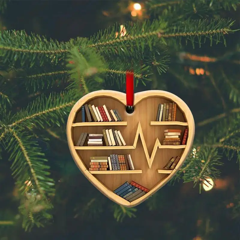 Christmas Bookshelf Ornament Fashionable Acrylic Bookworm Reading Ornaments Lovers Heart Ornament Cute 2D Bookworm Ornaments For